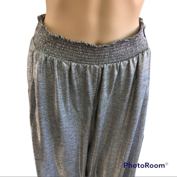 New Anthropologie Pants Womens Silver Metallic Shimmer Elastic Waist Jog… - Picture 2 of 9